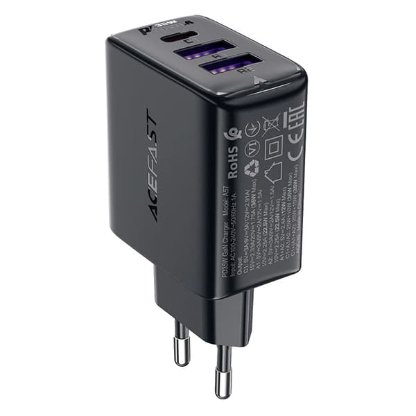 Acefast A57 PD 35W GaN Oplader 2 x USB-A + USB-C med 3 Porte - Sort