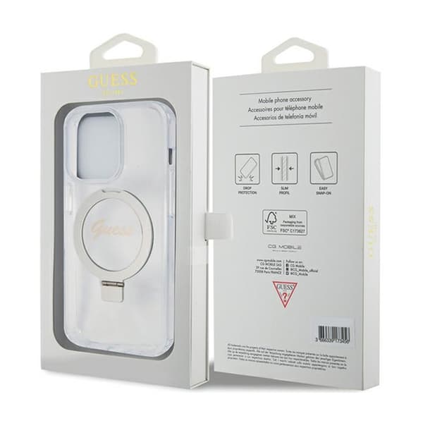 Guess Ring Stand Script Glitter MagSafe - iPhone 15 Pro-skal (genomskinligt)