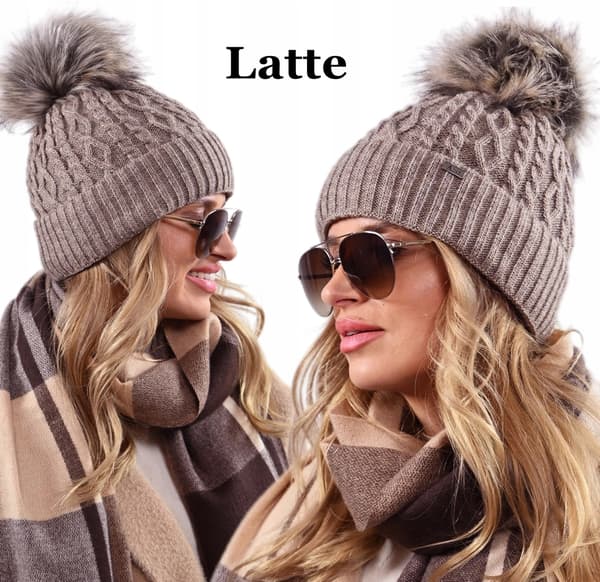 Damvintermössa som present, tjock fleece med pompom Latte