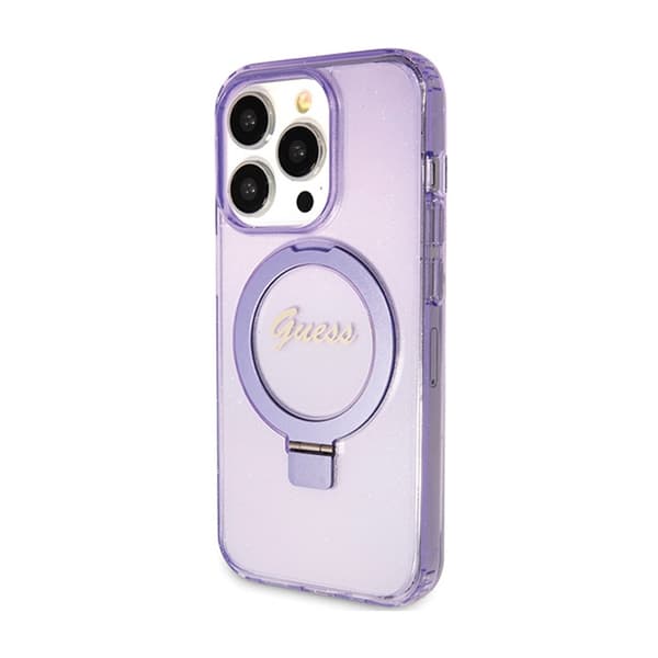 Guess Ring Stand Script Glitter MagSafe - iPhone 15 Pro-skal (Lila)
