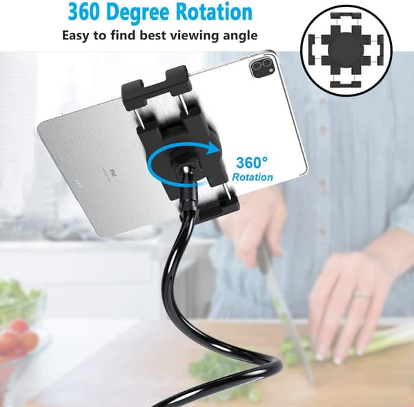 SORT ALUMINIUM BORDHOLDER TIL TELEFON OG TABLET 4-12,9" 360°