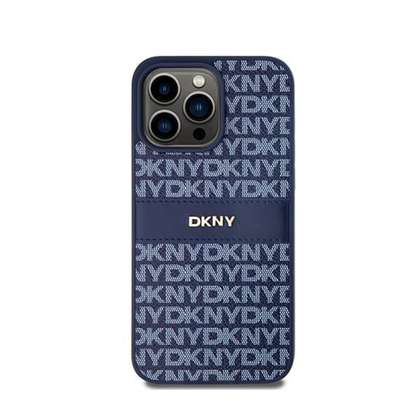 DKNY Læder Mono Stripe & Metal Logo - iPhone 15 Pro Max Etui (Blå)