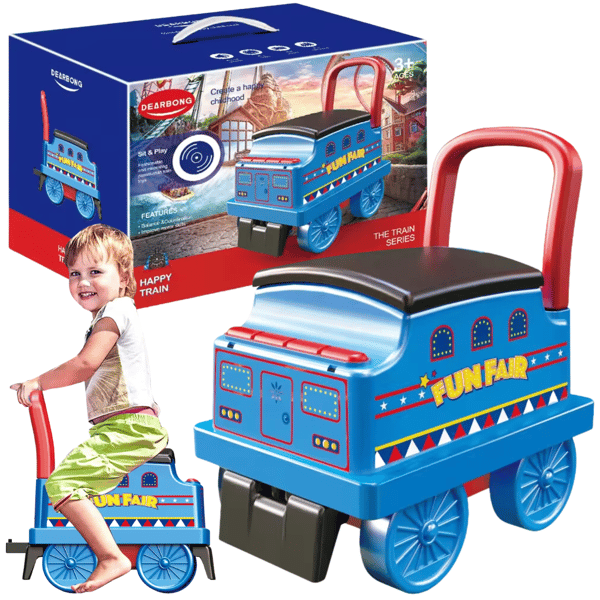 Blå lokomotivvogn, trolley, rollator, kørende pusher, lydeffekter