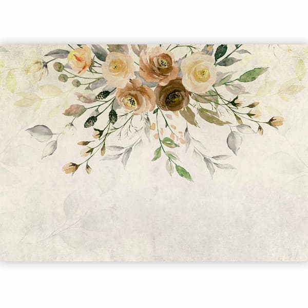 Fototapet - Sommarblomstring - retro växtdesign med blommor och löv i mönster