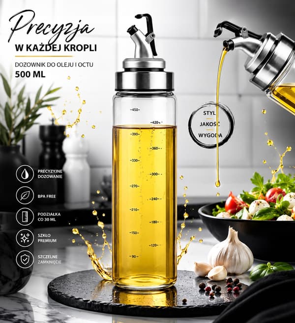 2x Glasflaskedispenser 500 ml med skala til olivenolie, saucer, eddike