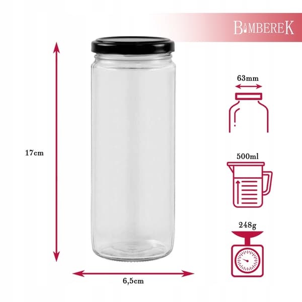 70x Lång burk 500ml för sylt, honung, konserver, gurkor, kryddor + lock 0,5l