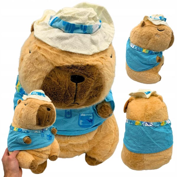 Maskotti pluushukka kapibara kylpyvieras paita hattu hellittelylelu 30cm