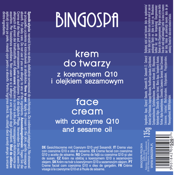 Ansiktskräm med koenzym Q10 och sesamolja STOR 135g BINGOSPA