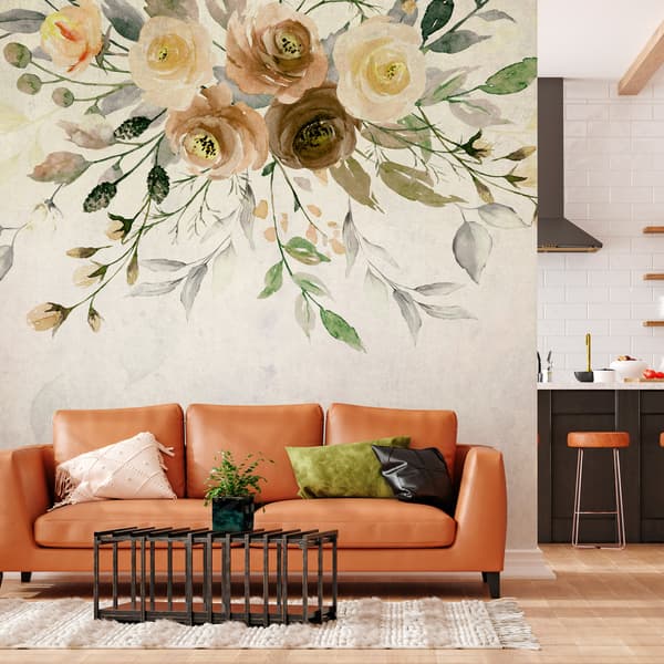 Fototapet - Sommarblomstring - retro växtdesign med blommor och löv i mönster