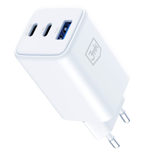Tilbehør - 3mk Hyper GaN Oplader 65W QC4+ PD PPS USB 1A2C Hvid EU