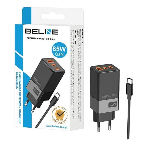 Beline Oplader 2x USB-C + 1x USB 65W + USB-C kabel sort/sort PD 3.0 + QC 3.0 BLN3CB65C GaN