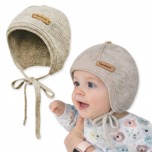 Babyhue 34-36 med binding til at dække ørerne Forår Efterår lys BEIGE