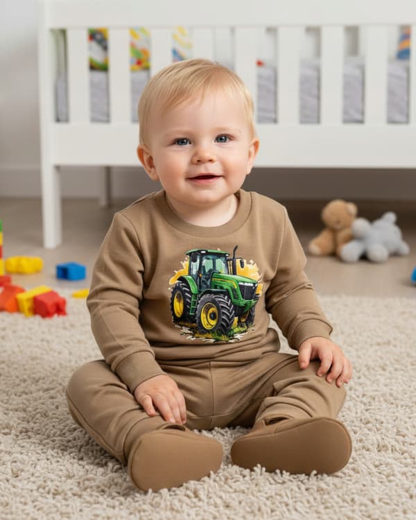 BARNPYJAMAS 92 för POJKAR 100% bomull TRAKTOR tryck beige