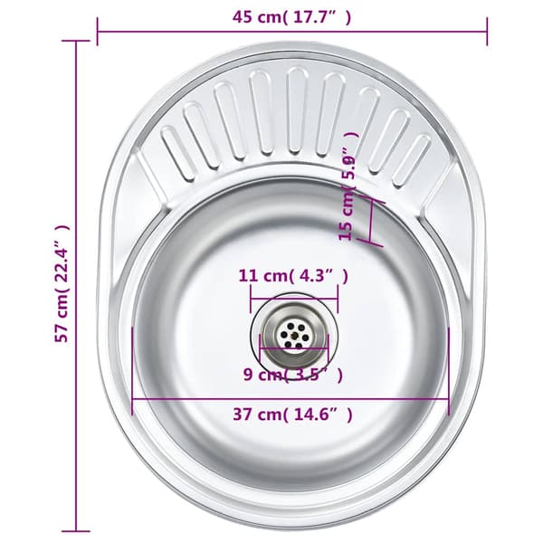 vidaXL køkkenvask med si og vandlås, oval, rustfrit stål