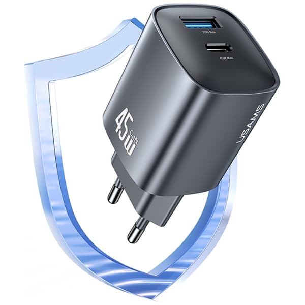 USAMS CC290 T66 45W GaN Vægoplader 1xUSB-A 1xUSB-C Sølv