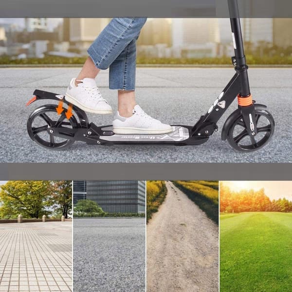 Stor byscooter med støddæmpere og standardbremser, sort