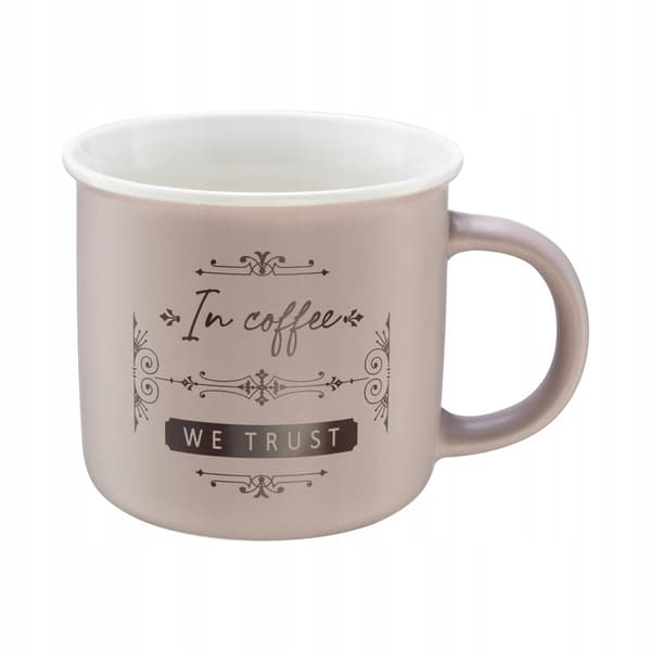Porslinsmugg 380ml beige med brun text för kaffe och te 1 st.