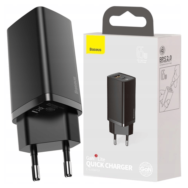 Baseus GaN2 Lite vægoplader, USB + USB-C, 65W, EU (sort)