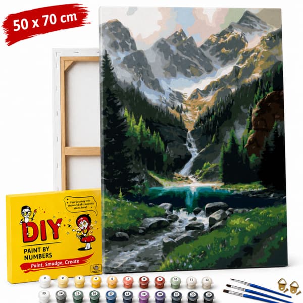 Måla efter nummer-bild med ram Hus i bergen 50x70 cm
