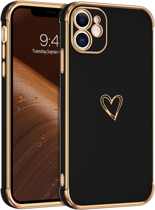 APPLE IPHONE 12 SILIKONE ETUI SORT GYLDEN HJERTE GLAMOUR A2172
