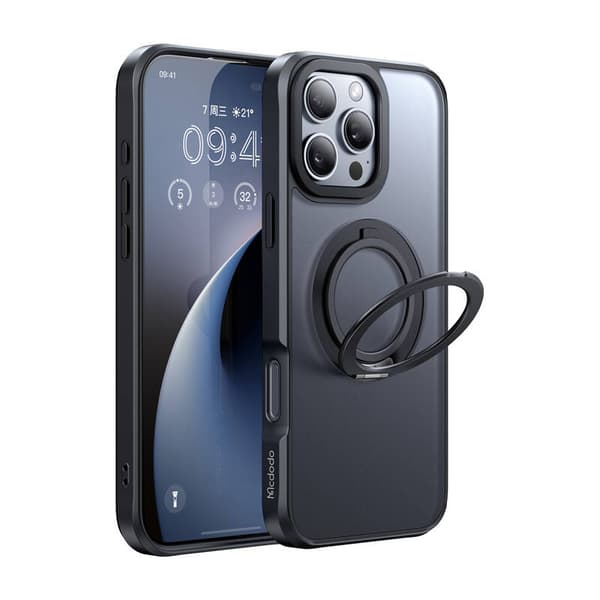 McDodo PC-4933 MagSafe -kotelo iPhone 16 Pro Maxille ja telineellä (musta)