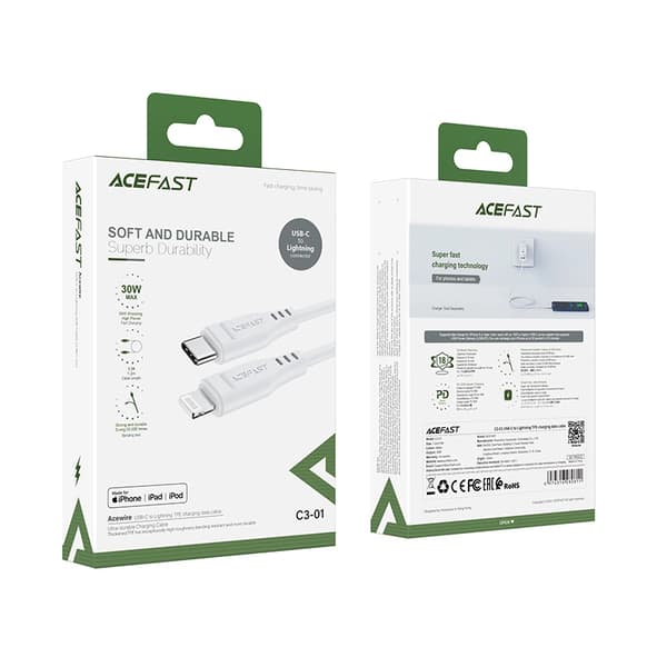 Acefast C3-01 Lightning - USB-C PD-kabel 30W 3A 480Mb/s 1,2m - Vit