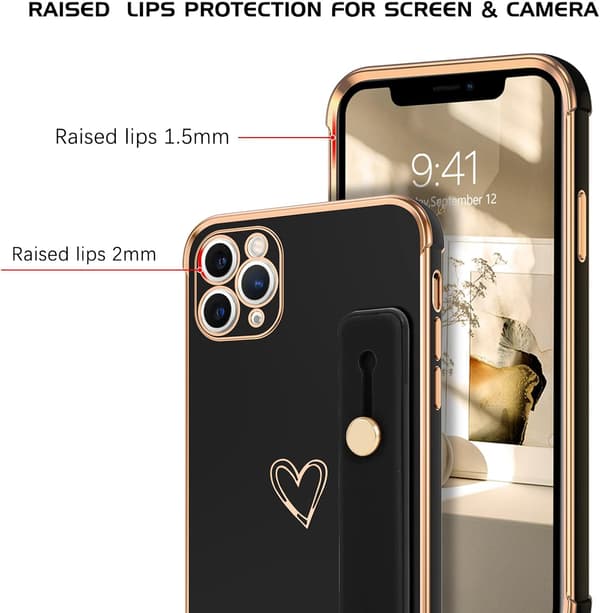 SORT ETUI TIL IPHONE 11 PRO MED STÆRK GULDRAMME MED HJERTE