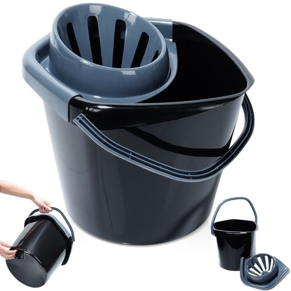 Svart plastmoppspand med vridare 10 liter