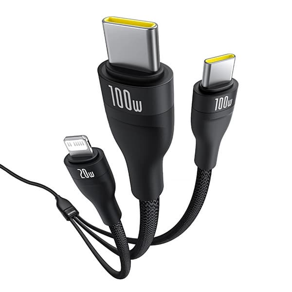 Kabel 3w1 Baseus Flash Series 3 100W USB-C - USB-C+USB-C+Lightning 1,5m + 3 x 0,25 m - sort