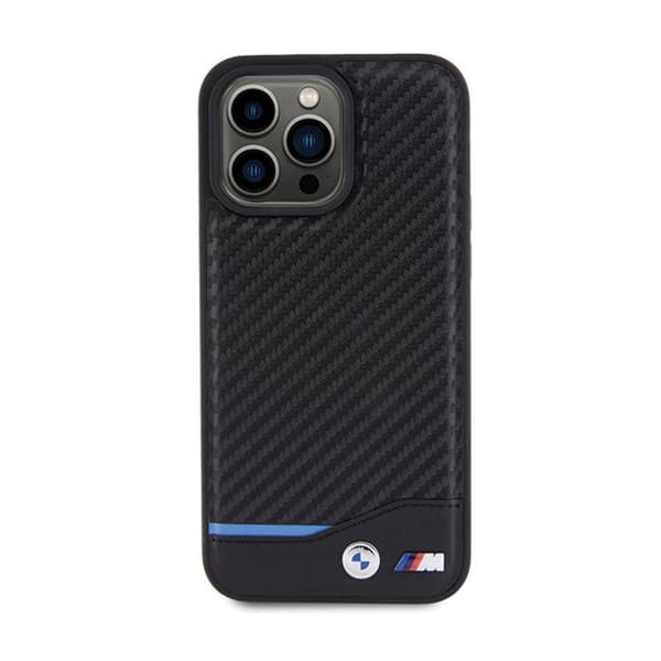 BMW Læder Carbon Blue Line - iPhone 15 Pro Max Etui (Sort)