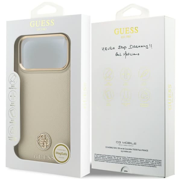 Guess Grained Strass Logo MagSafe -kotelo iPhone 17 Pro Maxille, beige