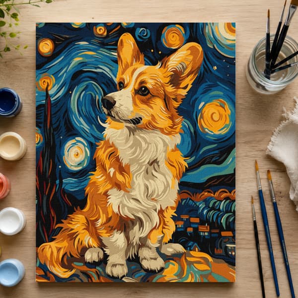 Måla efter nummer-bild med ram Corgi under stjärnorna 50x70 cm