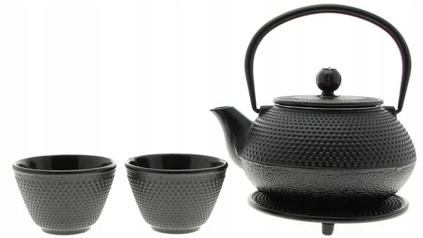 Støbejernskedel 0,8L te- og urteinfuser + 2 kopper og stativ