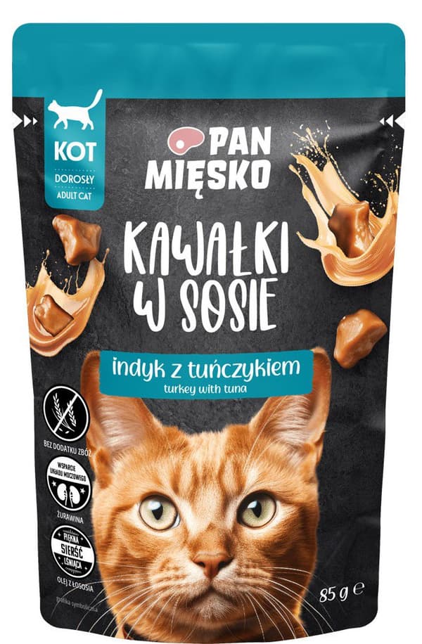 Pan Meat | Helfoder för katter | Bitar i sås - 85 g påse - Kalkon med tonfisk 85 g