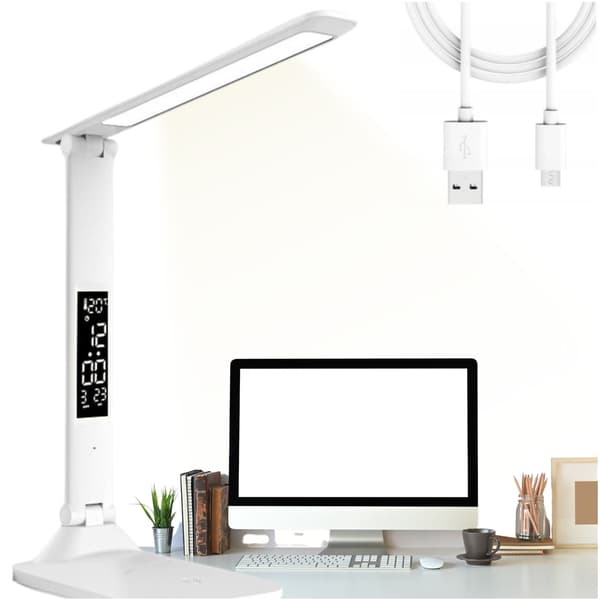 Vit LED skrivbordslampa med klockdisplay för barn
