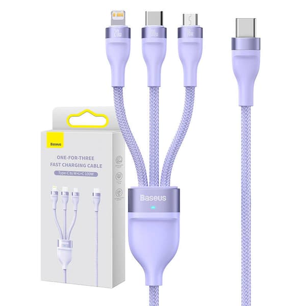Baseus Flash Series 2 3-in-1 USB-kaapeli, USB-C + Micro USB + Lightning, 100W, 1.5m (Violetti)
