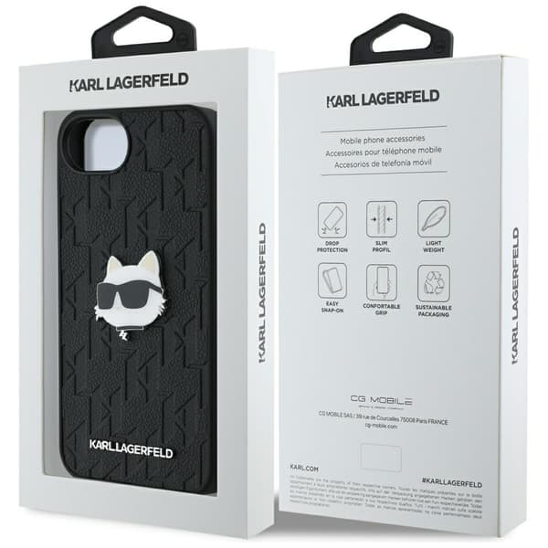 Karl Lagerfeld Monogram Choupette Head Pin Cover til iPhone 16e, sort