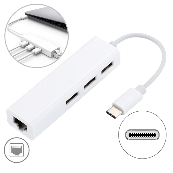 USB-C hub op til 3 x USB 2.0 / Ethernet RJ45 netværkskort internetadapter