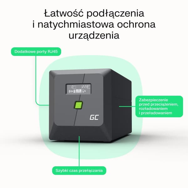 Green Cell POWERPROOF 900W/1500VA UPS sort, 4 stikkontakter