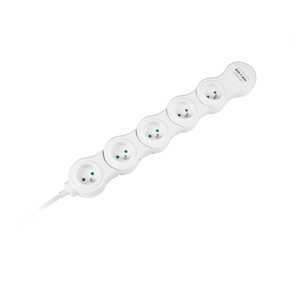 Foldbar slange strømstrip 1,5m 5 udtag 2xUSB Rebel