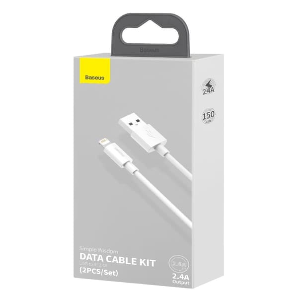 Baseus Simple Wisdom USB til Lightning-kabel, 2.4A, 1.5m (hvid) 2 stk.