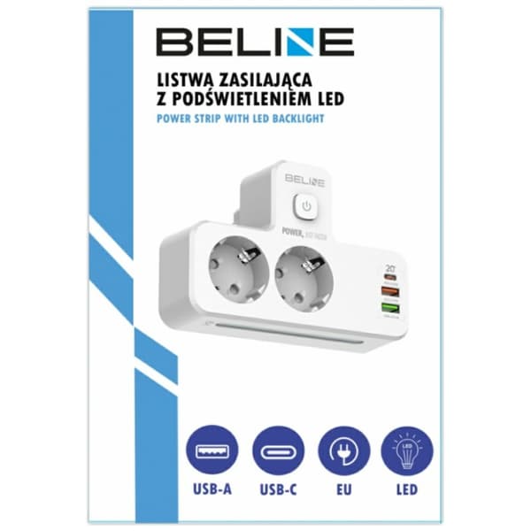 Beline strømskinne med LED-baggrundsbelysning 2xUSB-A/USB-C/2xAC hvid