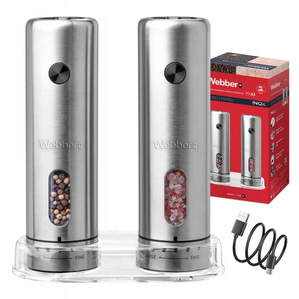 ELEKTRISK PEPPAR- OCH SALTKVARN, BATTERIDRIVEN, USB, 2 ST, INOX, WEBBER