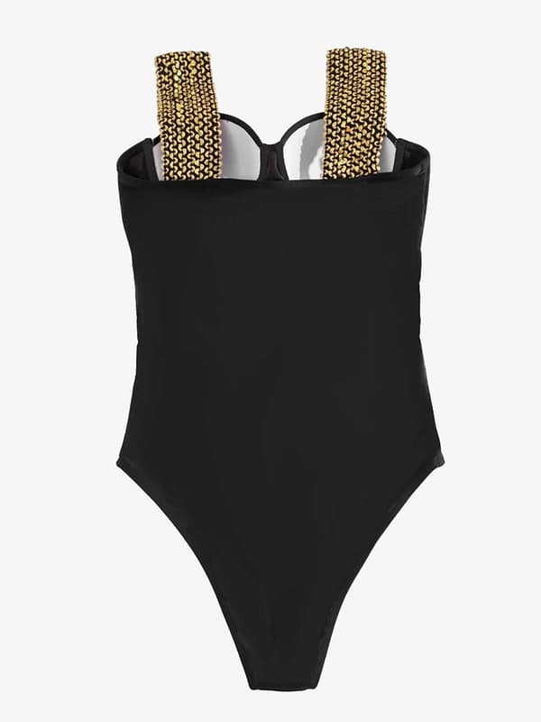 Dame badedragt, polstret, push-up, sort, guld, pin-up, M