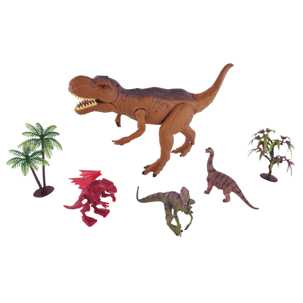 Dinosaurussetti, jossa on 4 hahmoa, 2 puuta, ääni- ja valotehosteet