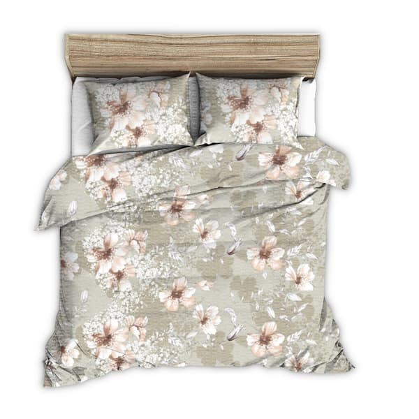 Beige sengesæt 160x200 med store tefarvede blomster