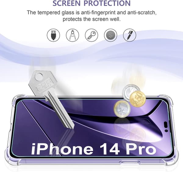ETUI TIL APPLE IPHONE 14 PRO TRANSPARENT SILIKONE 3X HÆRDET GLAS