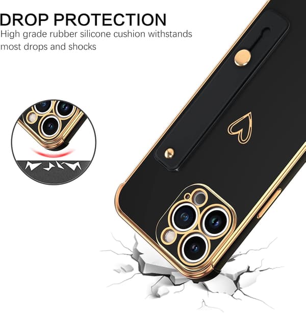 SILIKONE ETUI TIL APPLE IPHONE 14 PRO MAX SORT GULD MED HOLDER