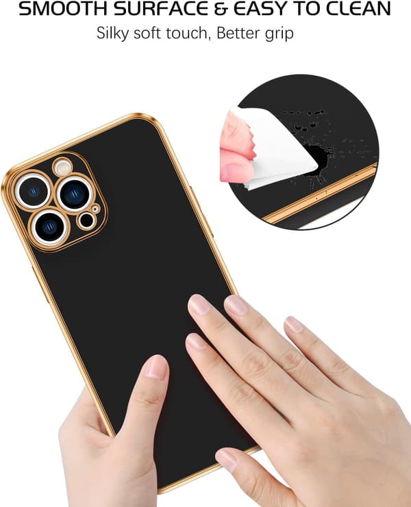 Apple iPhone 13 Pro Max -kotelo, silikoni, musta ja kultainen pidike