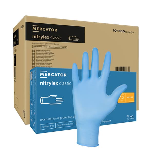 Nitrilhandskar XS blå Mercator Nitrylex Classic 100 st kartong 10-pack